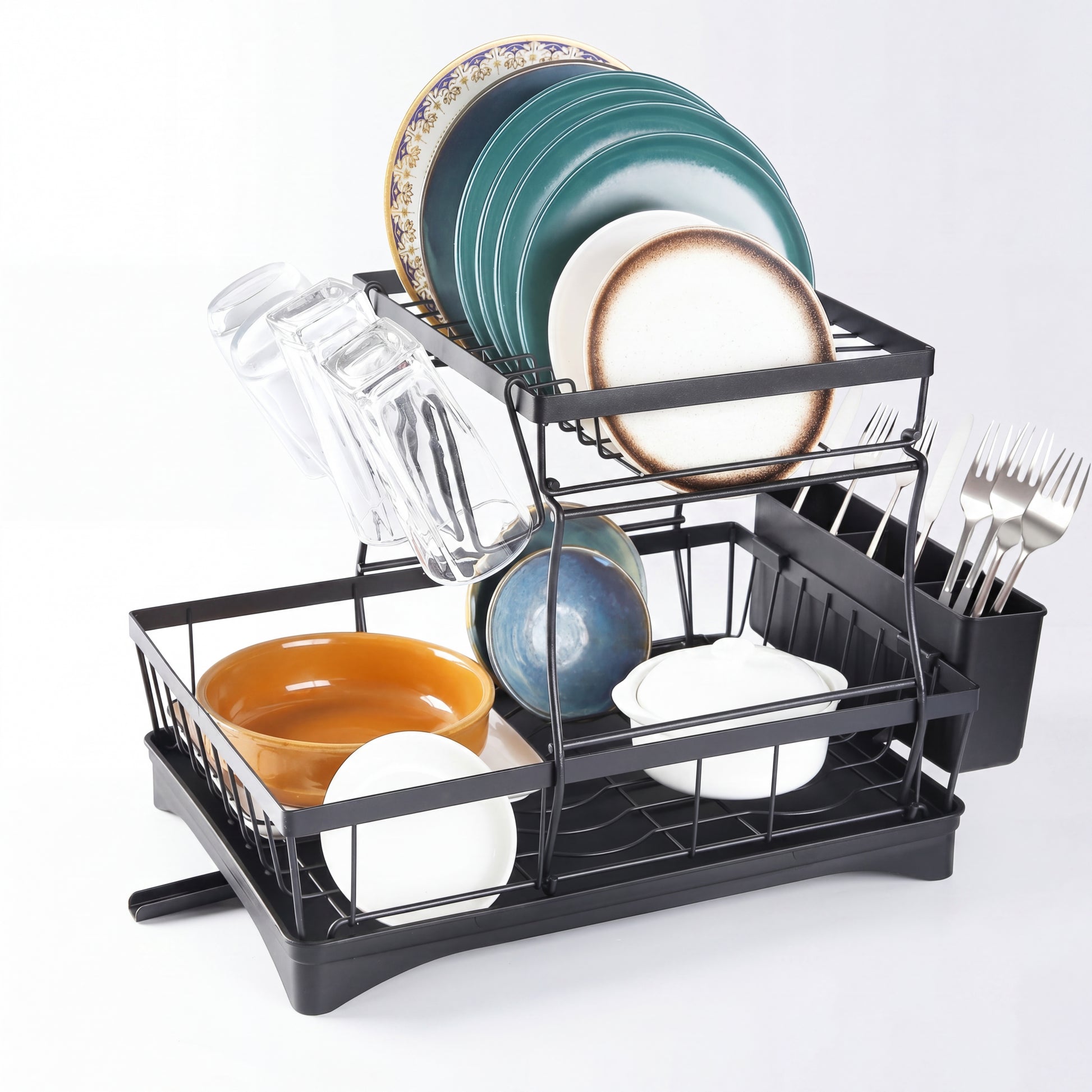 2 Tier Dish Drying Rack with Drainboard – full product view with all components