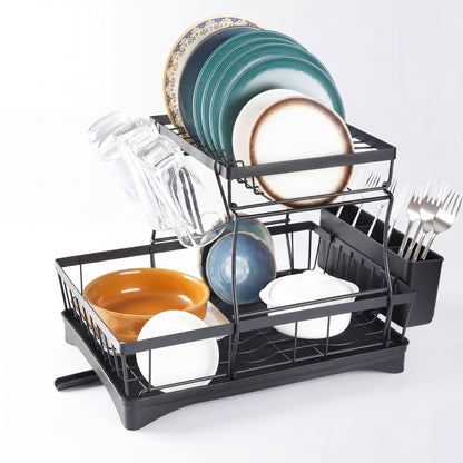 2 Tier Dish Drying Rack with Drainboard – full product view with all components