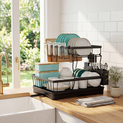 2 Tier Dish Drying Rack with Drainboard in modern white kitchen setting