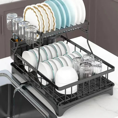 2 Tier Dish Drying Rack with Drainboard holding plates cups and cutlery