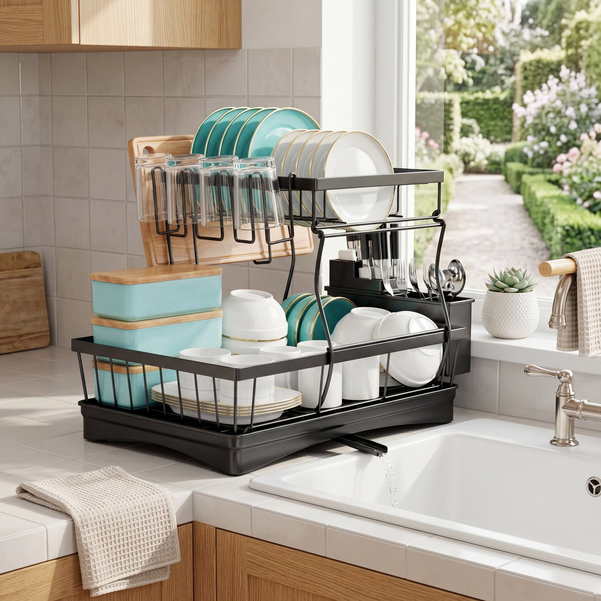 2 Tier Dish Drying Rack drainboard close-up showing water channel and spout