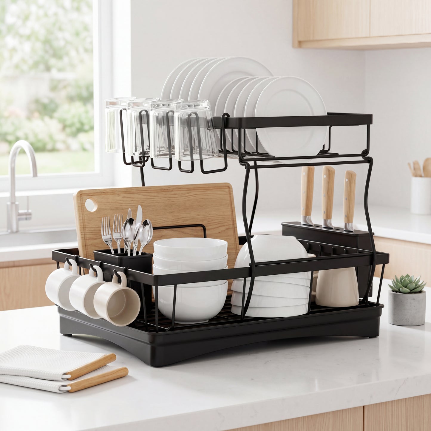 2 Tier Dish Drying Rack side view showing upper and lower rack design