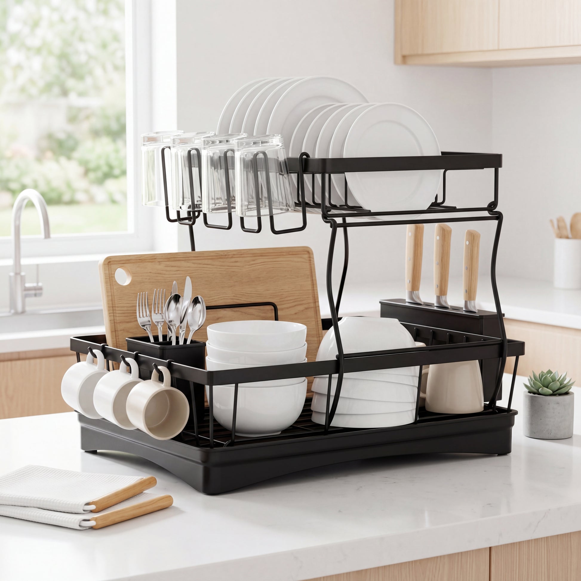 2 Tier Dish Drying Rack side view showing upper and lower rack design