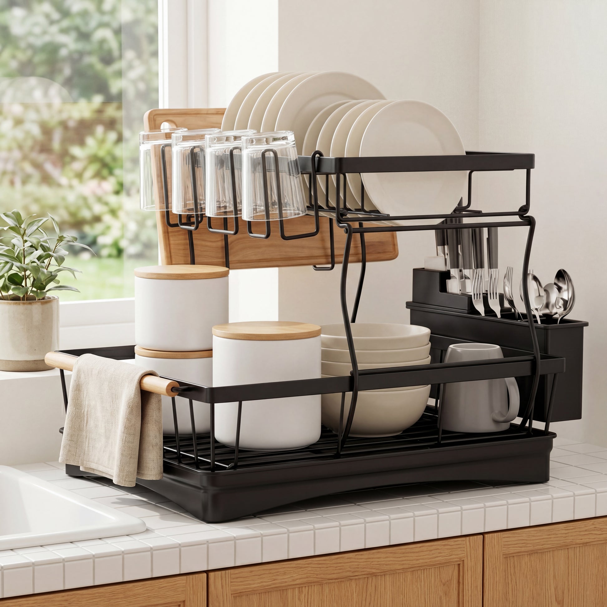 2 Tier Dish Drying Rack with Drainboard in use beside kitchen sink