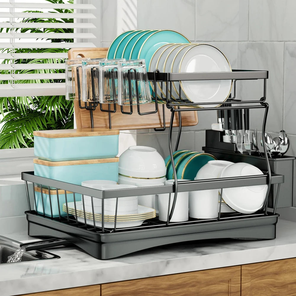 2 Tier Dish Drying Rack Drainboard overhead view showing storage layout