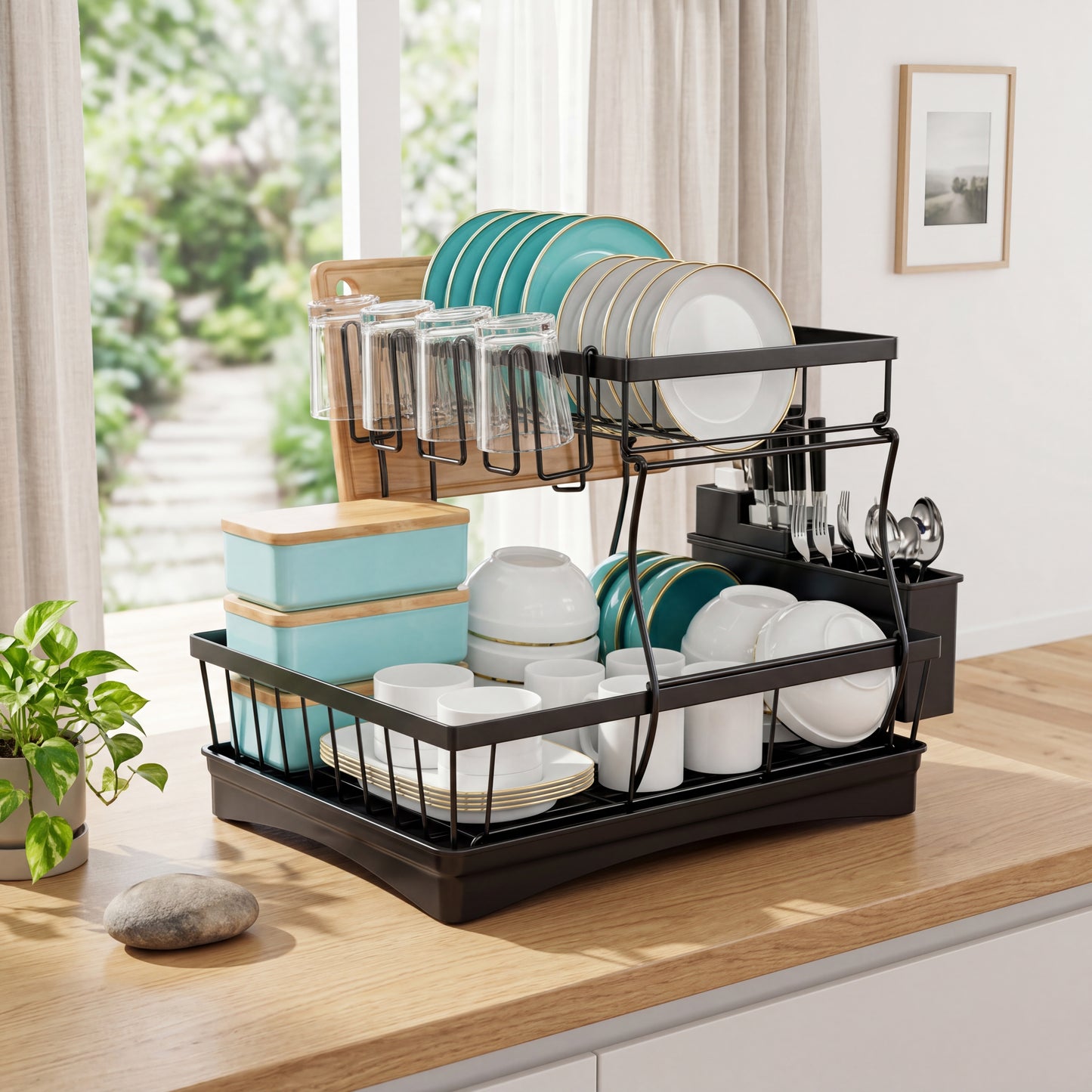 2 Tier Dish Drying Rack with Drainboard showing material and finish quality