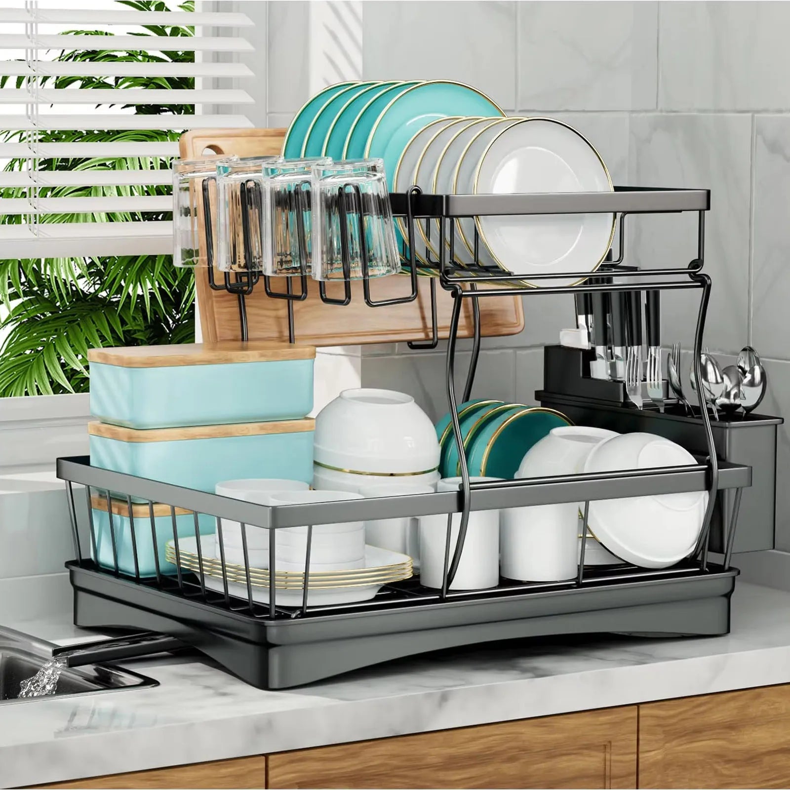 2 Tier Dish Drying Rack collapsed for storage showing space-saving design