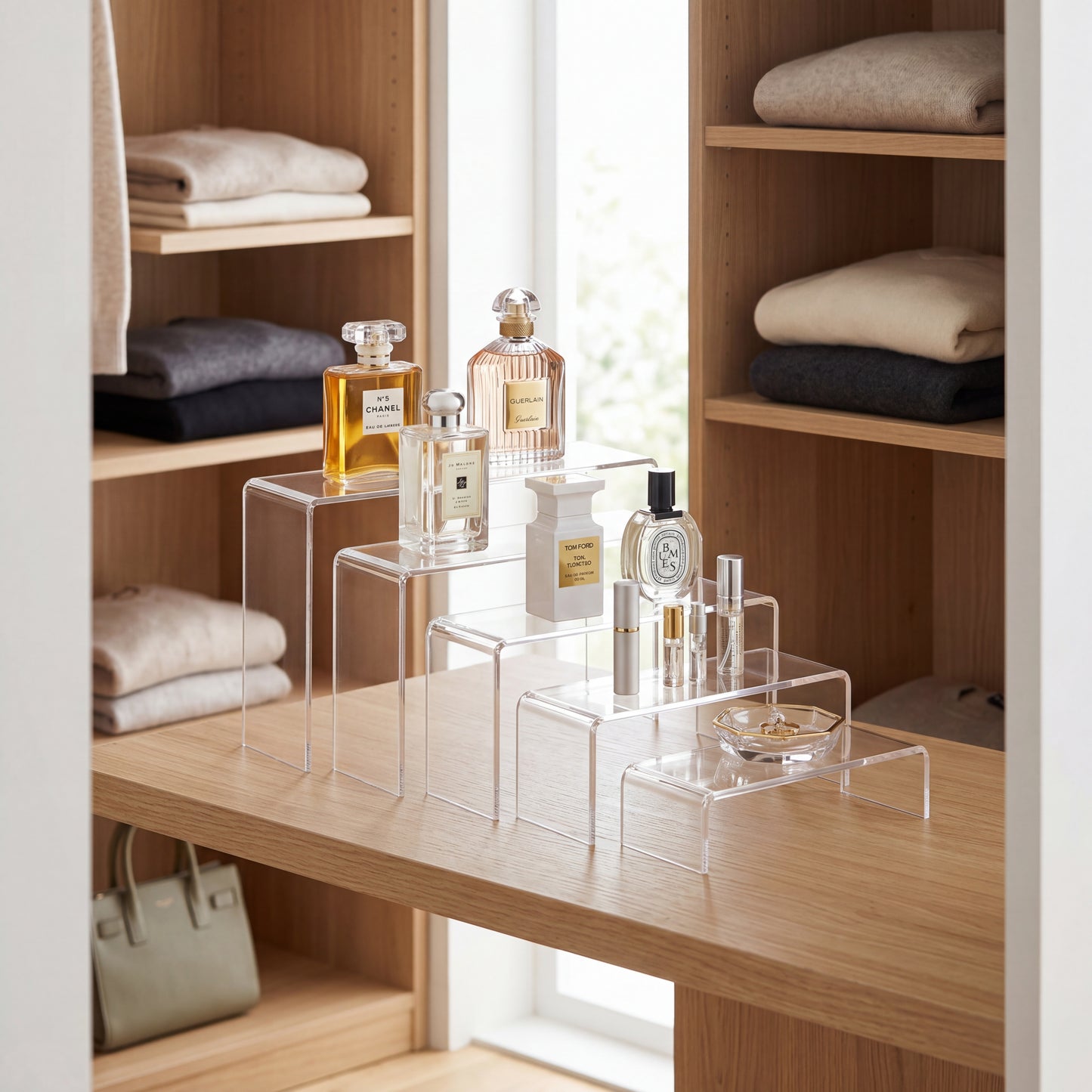 Clear Acrylic Display Riser holding electronics accessory for desk organization