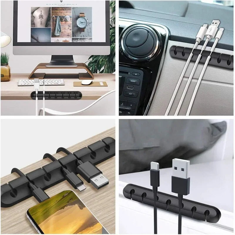 Desk Cable Clips Matte Black on standing desk managing cable clutter