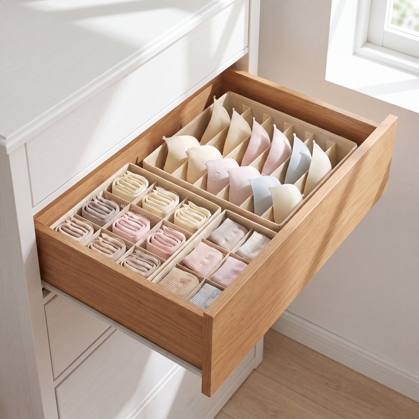 Fabric Drawer Organizer Box Cream folded flat for compact storage when not in use