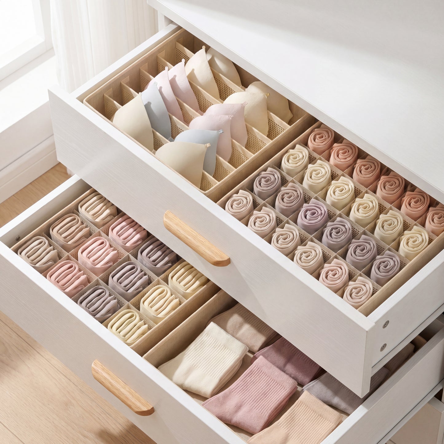 Fabric Drawer Organizer Box Cream close-up of soft textured fabric material