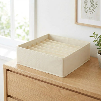 Cream fabric box for drawer showing inner depth and capacity