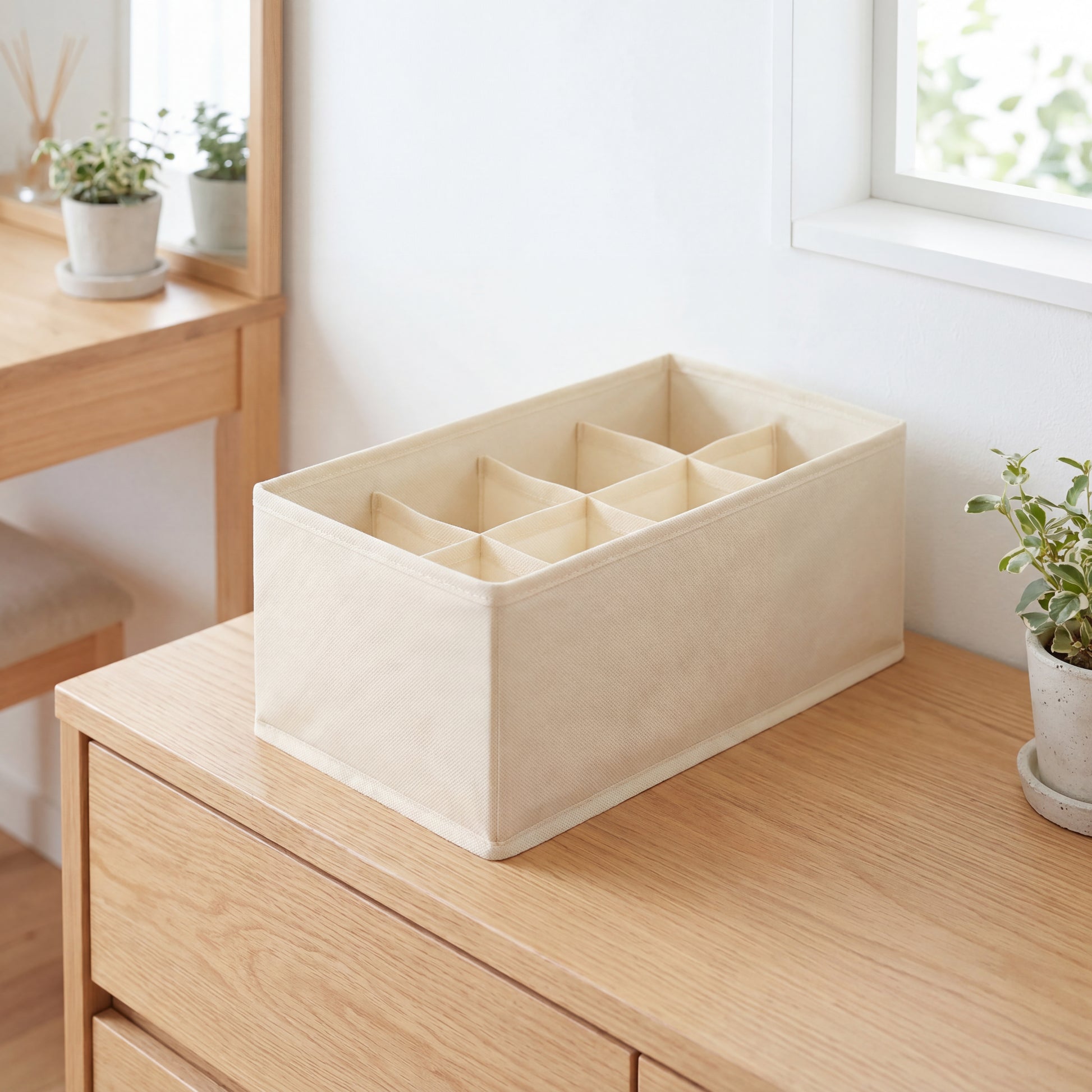 Fabric Drawer Organizer Boxes Cream set arranged neatly in open dresser
