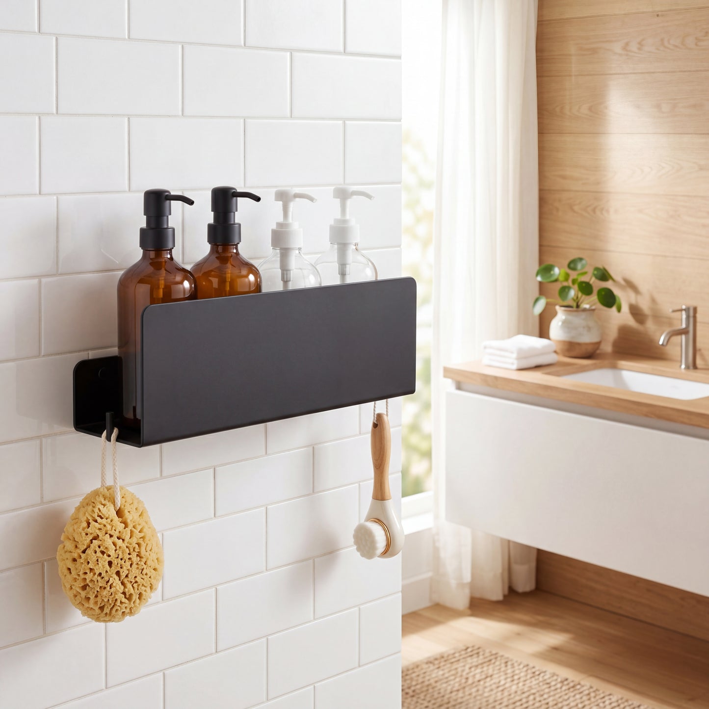 Floating Bathroom Shelf Matte Black mounted on white bathroom wall