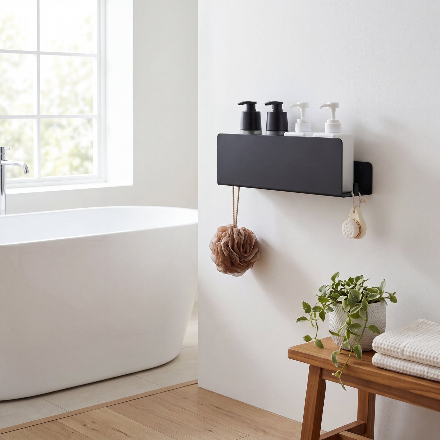 Matte black floating shelf holding soap candle and plant in bathroom