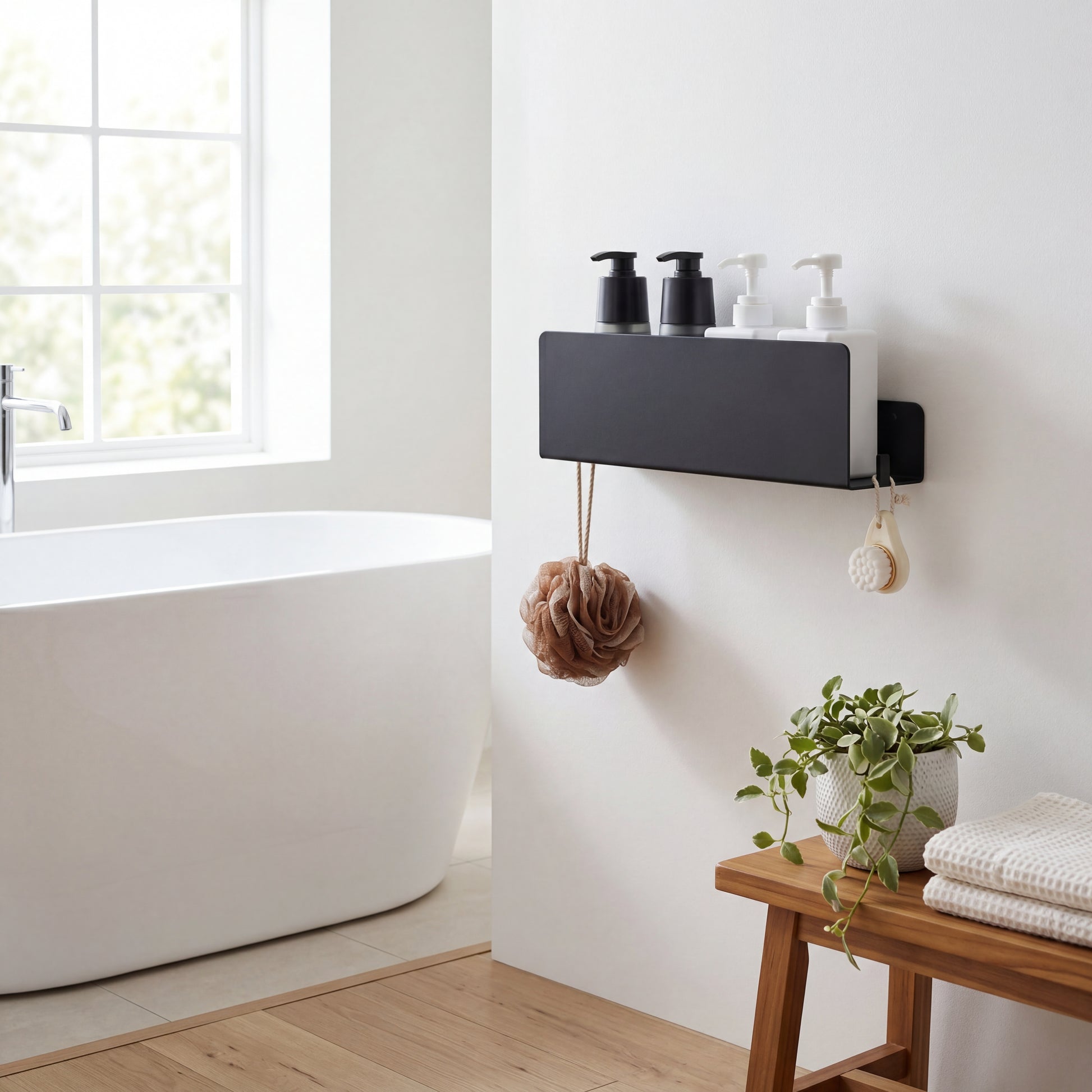Matte black floating shelf holding soap candle and plant in bathroom
