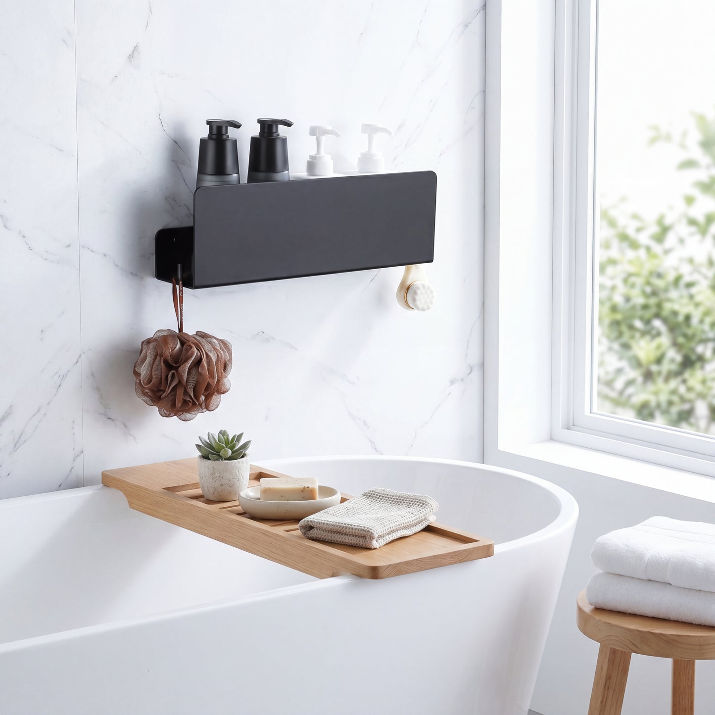Floating Bathroom Shelf Matte Black in modern dark bathroom setting