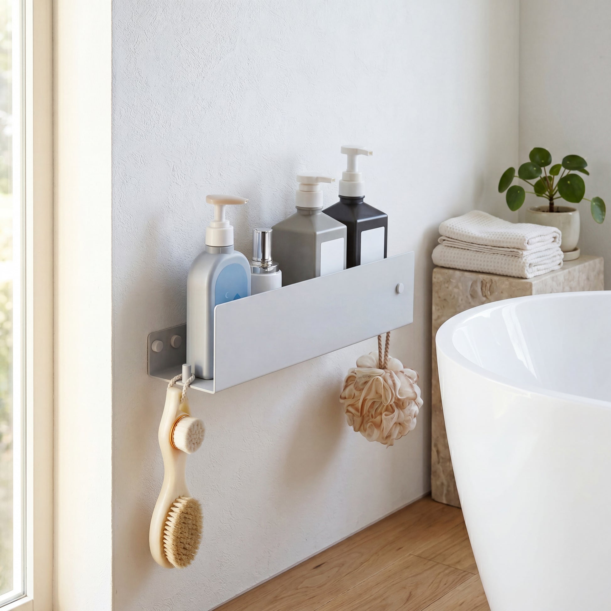 Floating Bathroom Shelf White close-up of shelf surface and bracket detail