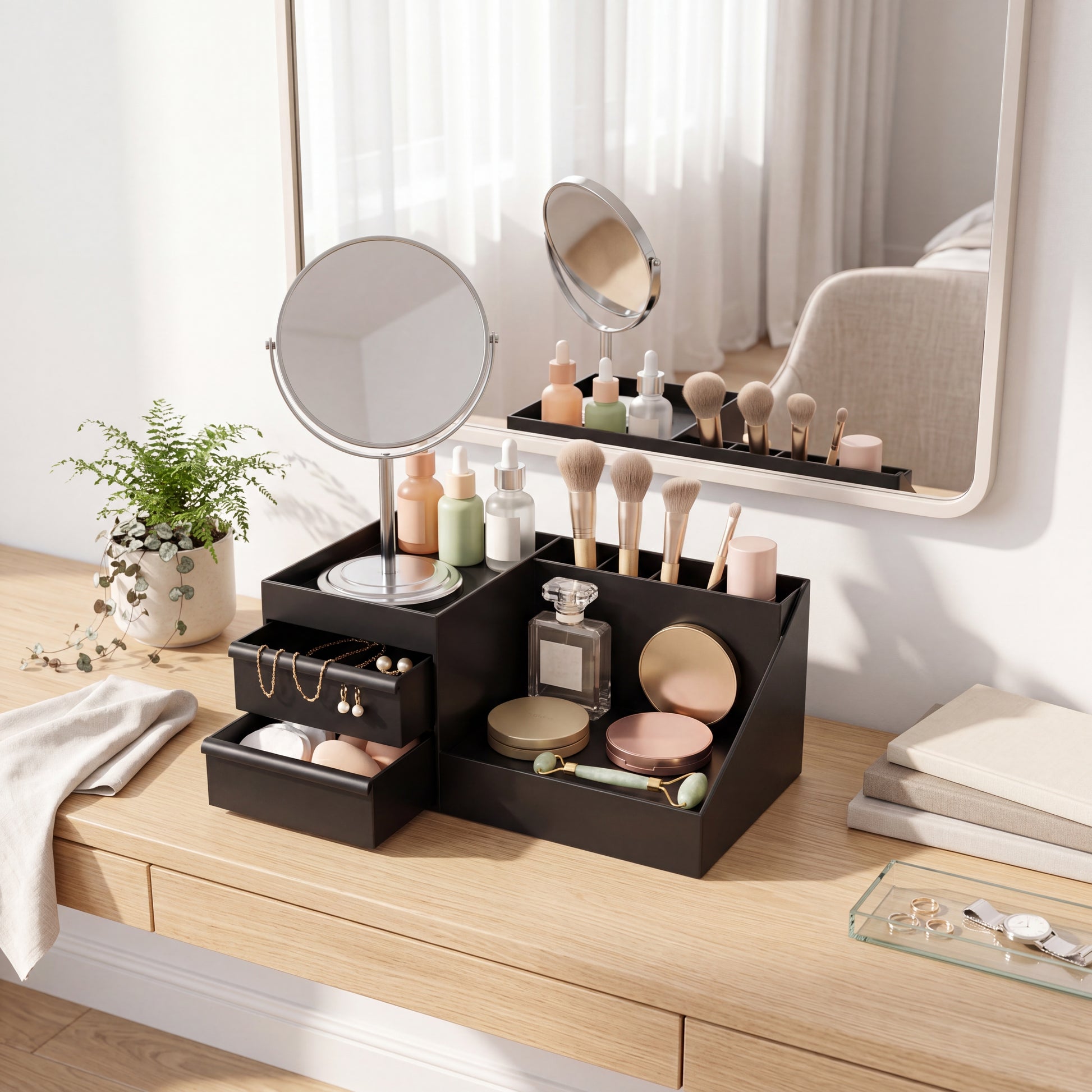 Perfume Organizer Drawers in elegant vanity room with beauty accessories