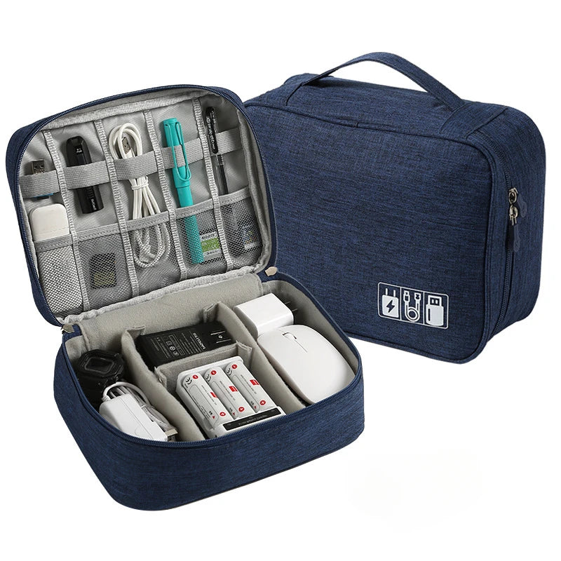Travel Cable Organizer Bag inside hotel room with travel essentials