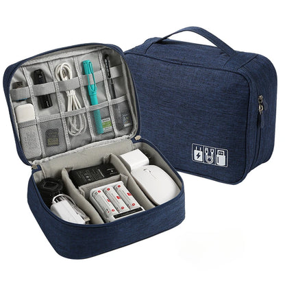 Travel Cable Organizer Bag inside hotel room with travel essentials