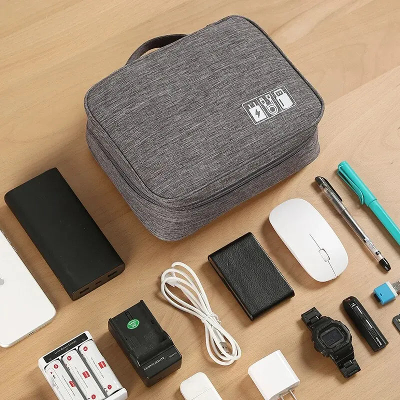 Travel Cable Organizer Bag open showing all interior pockets and compartments