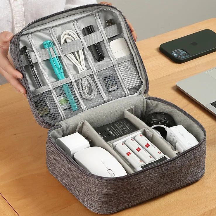 Travel Cable Organizer Bag size comparison showing compact portable design