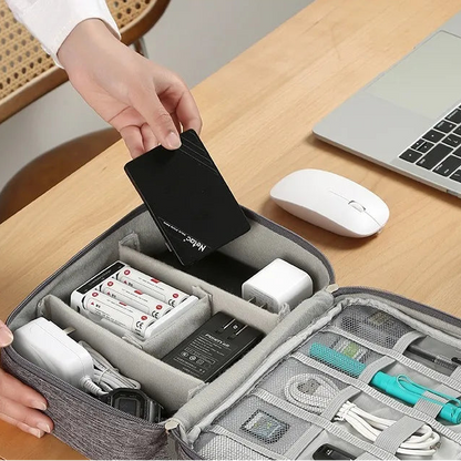 Travel Cable Organizer Bag top view with all compartments open and organized