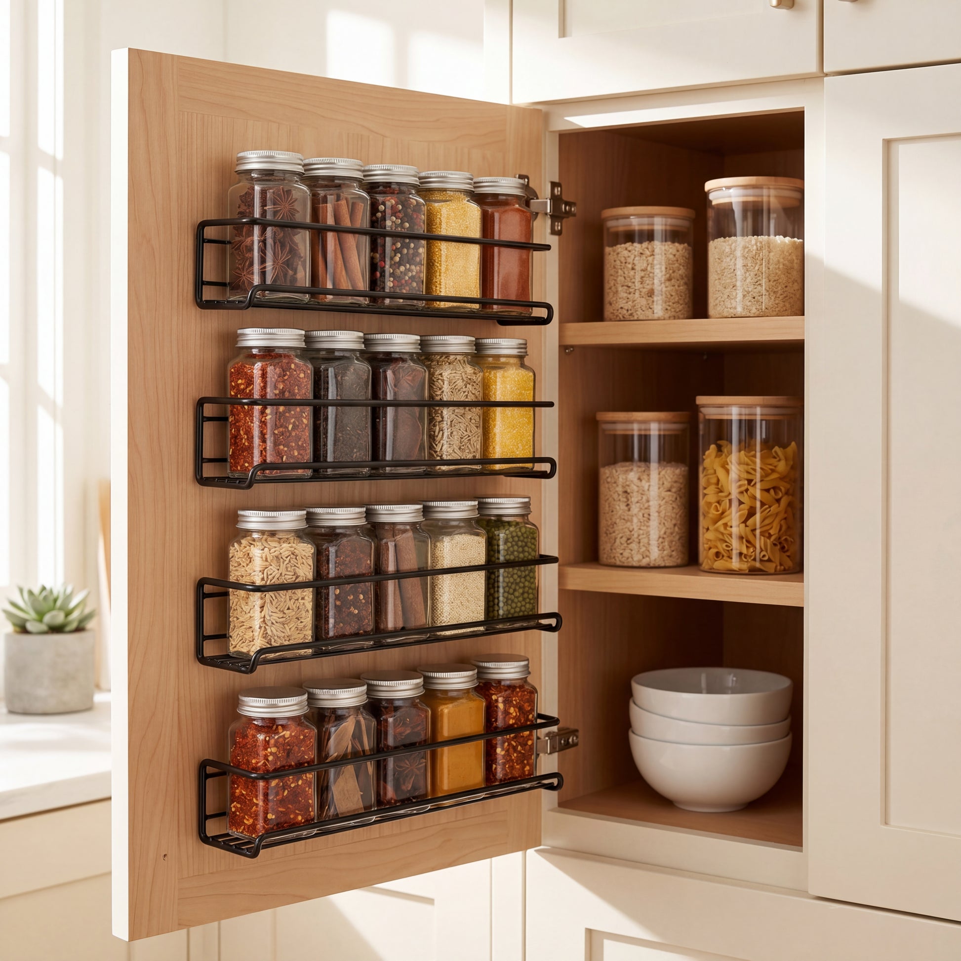 Matte black wall mounted spice rack installed in kitchen with spice jars