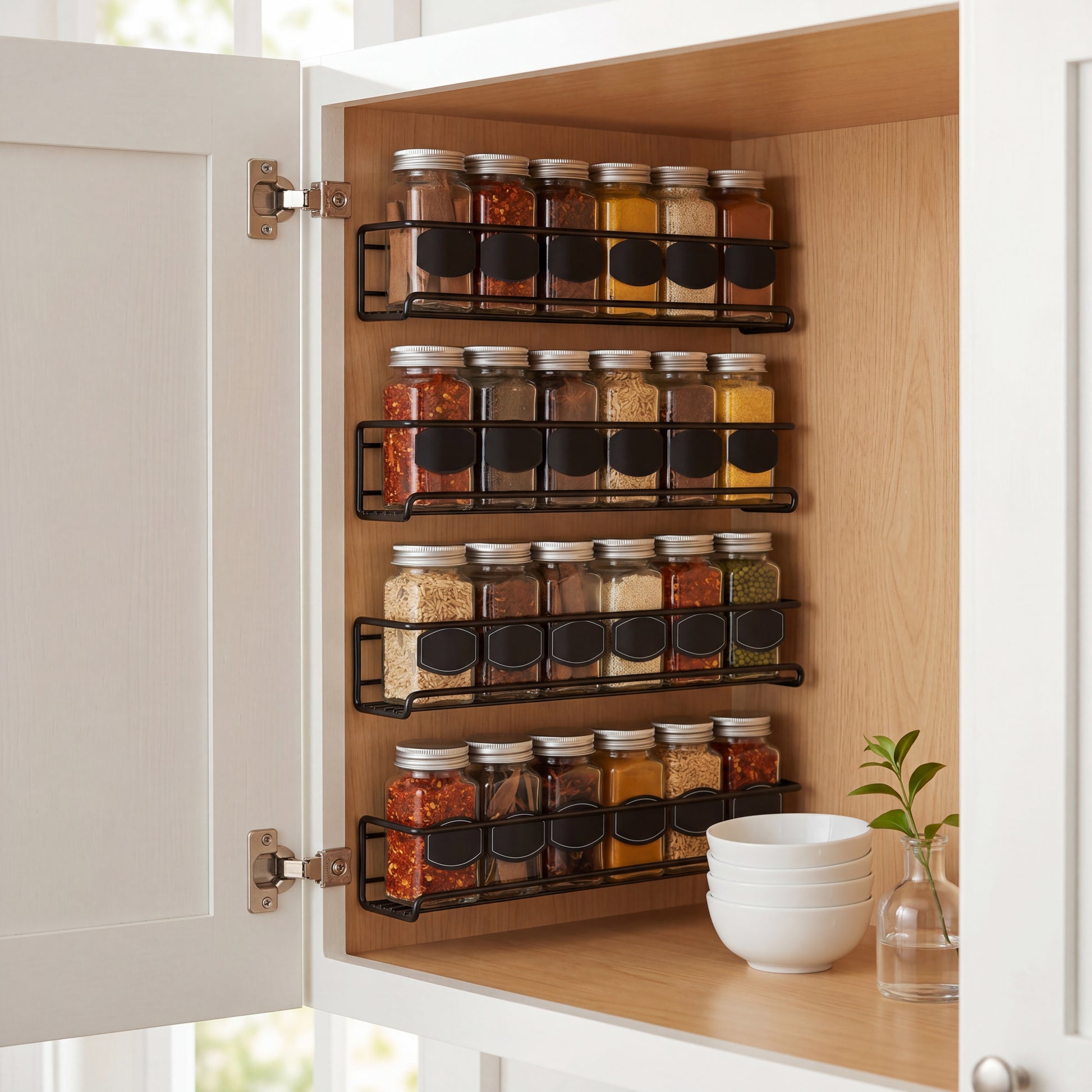 Matte black spice rack side profile displaying depth and shelf spacing