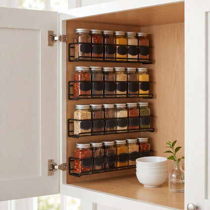 Matte black spice rack side profile displaying depth and shelf spacing