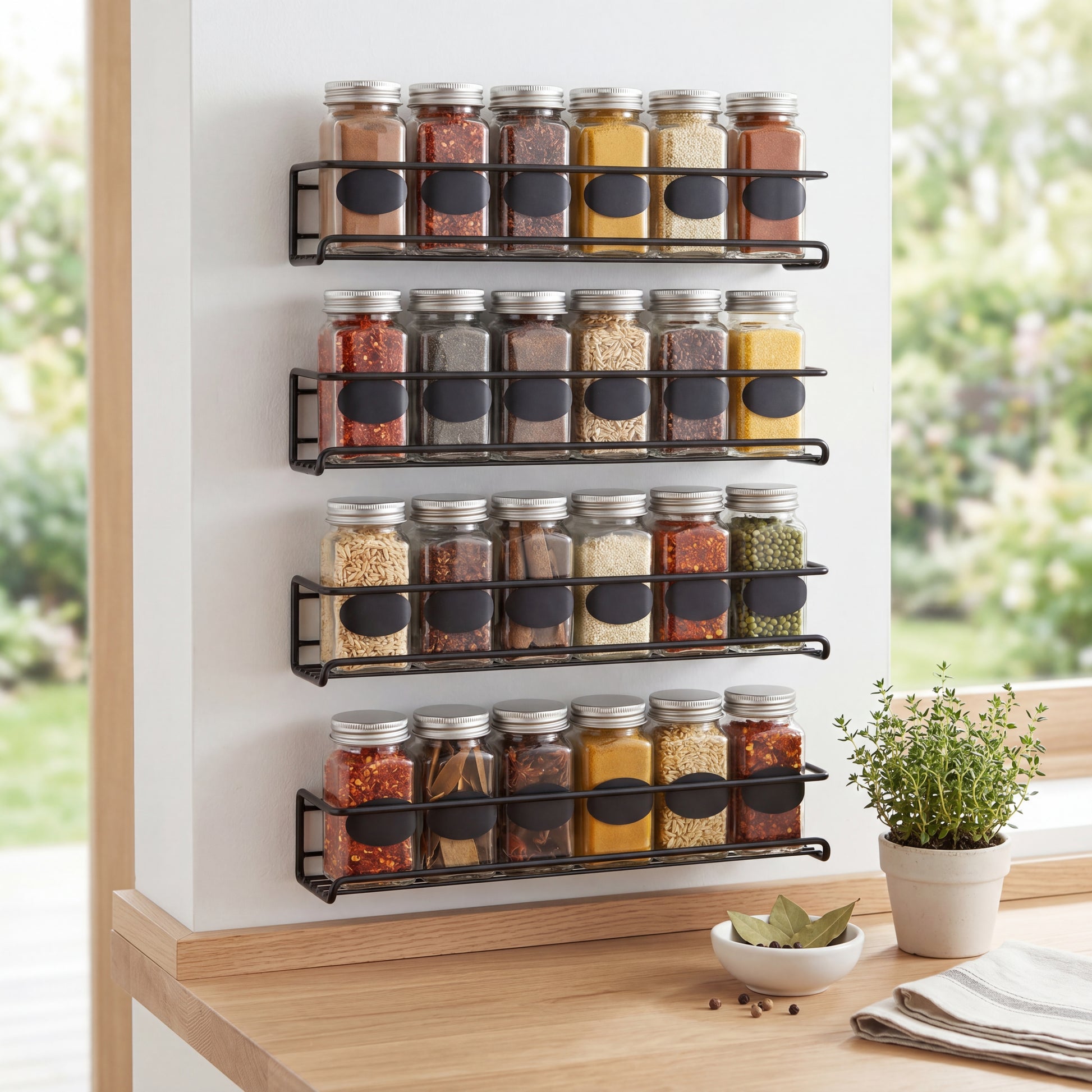 Spice rack installation on kitchen backsplash with tiled background
